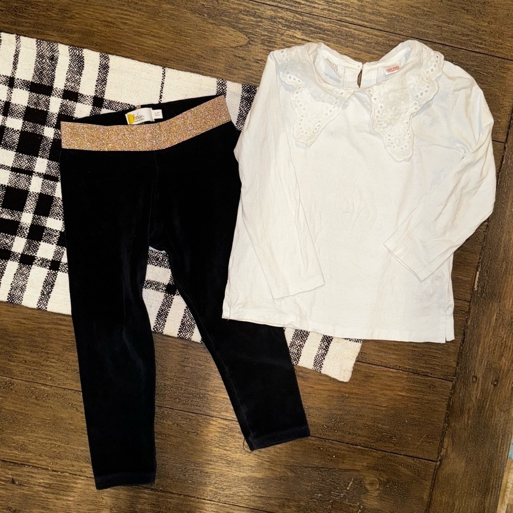 Boden Girls Black Velvet Leggings & Zara White Long Sleeve Lace Trim Top  3-4Yrs